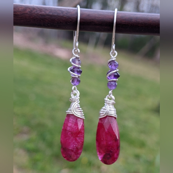 Artisan Ruby Earrings Sterling Silver With Amethyst Gemstones - Picture 3 of 12